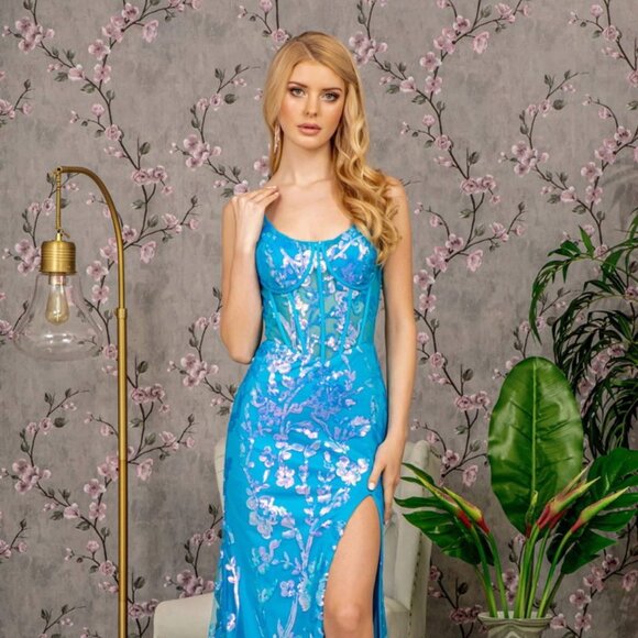 NEW LONG FORMAL SLEEVELESS MERMAID MESH DRESS EMBROIDERED WITH SEQUINS GL3219 - Picture 7 of 10